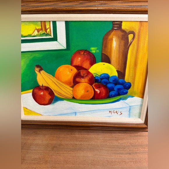 Stunning Vintage Still Life Oil Painting Fruits Vibrant Colours Oak Frame - Picture 2 of 5